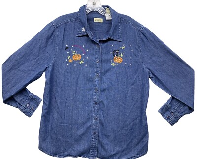 Classic Elements Womens Denim Halloween Size 10 Large Embroidered Button Shirt