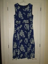 J. PETERMAN Royal Blue Floral + Black Trim Silk Mid-Calf Sleeveless Dress ~ 14