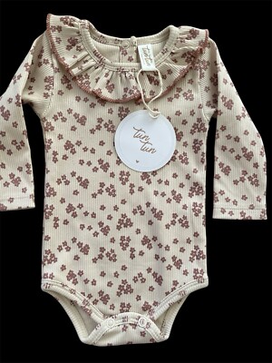 Tun Tun (Peru) NWT Oatmeal Floral Ruffled Ribbed Pima Knit Bodyshirt-3-6Mos