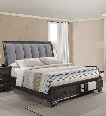 1pc Beautiful Queen Size Grey Finish Storage Drawers Bed Bedroom Furniture