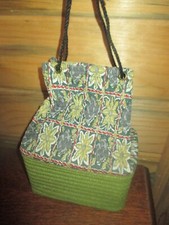 Vintage GREEN w/FLOWERS Vinyl TIN BOX DRAWSTRING Handbag/Purse - 1960's