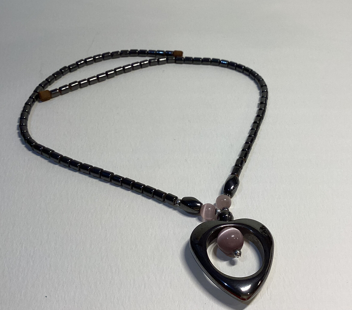 Vintage Black Hematite Open Heart Necklace with Moonglow Beads