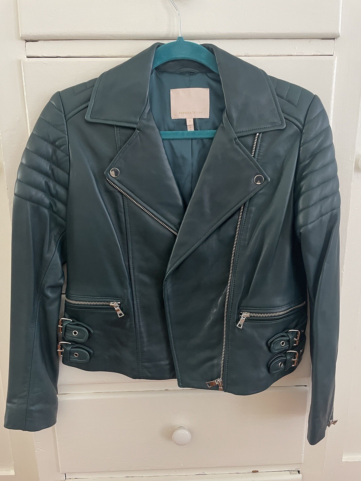 Rebecca Taylor Moto Leather Jacket in Evergreen, Small image 4