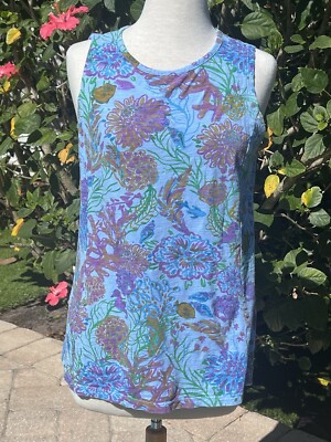 Fresh Produce Tank Tunic Sleeveless Cotton Ocean Sea Print Medium Blue