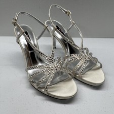 Nina New York Women's Bobbie JS Silver Satin Sequined Dress Sandal Heels Size 8