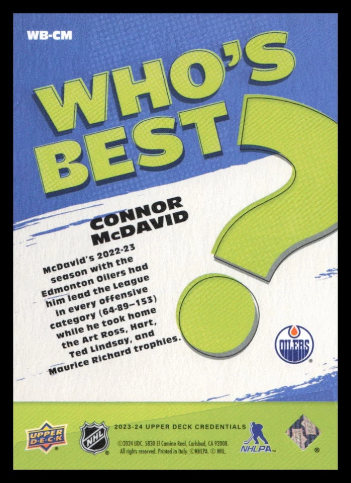 2023-24 Upper Deck Credentials #WB-CM Connor McDavid Who's Best? - Image 2 of 2