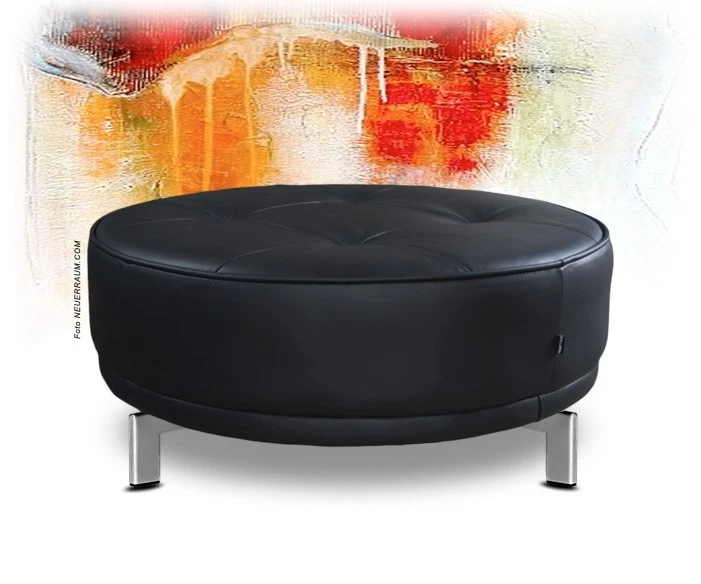 Großer runder Leder Pouf echtes Leder Weiß oder Schwarz ø 77 cm Edelstahlfuß - Bild 2 von 4