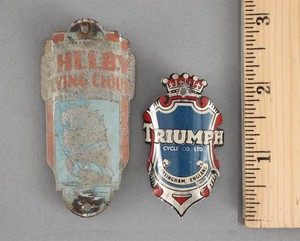 2 Antique c1940s TRIUMPH Enameled Brass SHELBY Bicycle Bike Head Badge Emblems