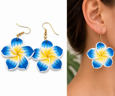 Blue White Yellow Flower Dangle Drop Hook Earrings Metal & Resin Pair