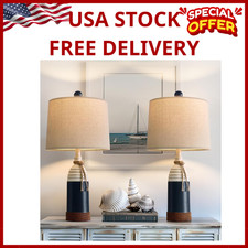 Nautical Table Lamps Set of 2 - Coastal Ocean Style, Navy Blue Resin