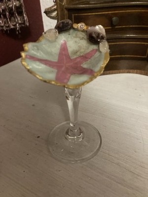 Schmuckschale auf Glasständer Muscheln   Gold   Rosa   Perlen Bunt Hand Made