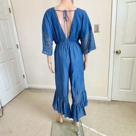 New Lace Ruffle Flowy Blue Jumpsuit Fairy Core Bohemian Wedding Guest Festival S
