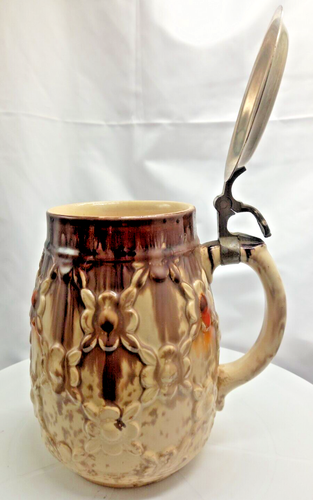 BEAUTIFUL RARE VINTAGE GERMAN MAJOLICA BEER LIDDED STEIN 8" MARKED c1930 v/good - Picture 6 of 9