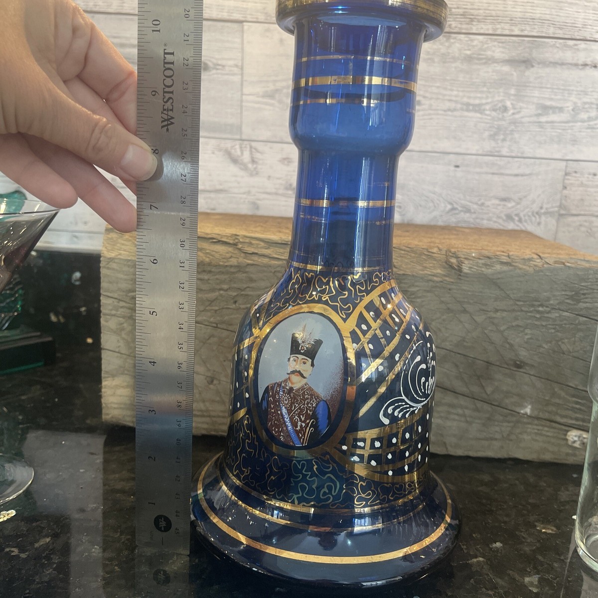 Antique Persian Cobalt Blue Gold Gilded Glass Decanter Hookah Vase