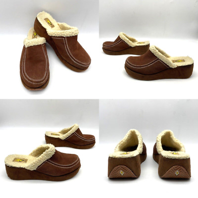 Vintage 90s Y2K Volatile Camel Brown Suede Leather Faux Sherpa Platform Mules 9