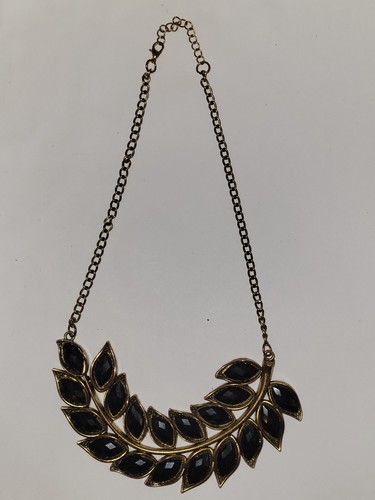 Collana Vintage Foglia Con Pietre Nere Dichiarazione - Foto 2 di 5