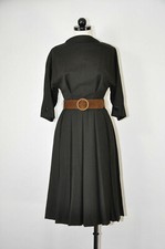 50s Vintage Teal Traina Brown Tartan Plaid Wool Pleated Suede Belt Dress Women S