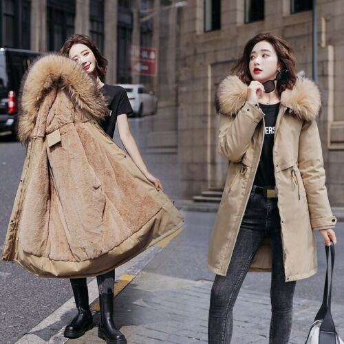 Womens Warm Thicken Mid Long Coat Loose Outwear Faux Fur Collar Hooded Parka Top - Picture 1 of 18