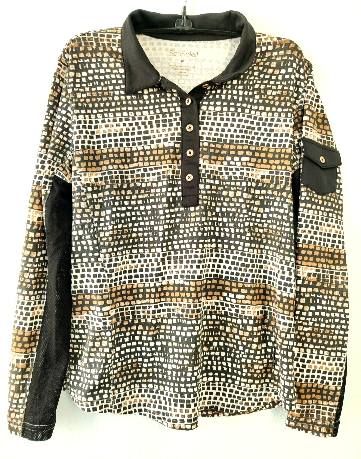 San Soleil UV 50 SPF Sun Shirt Top M Vented Mesh Long Sleeve Collar Black Animal