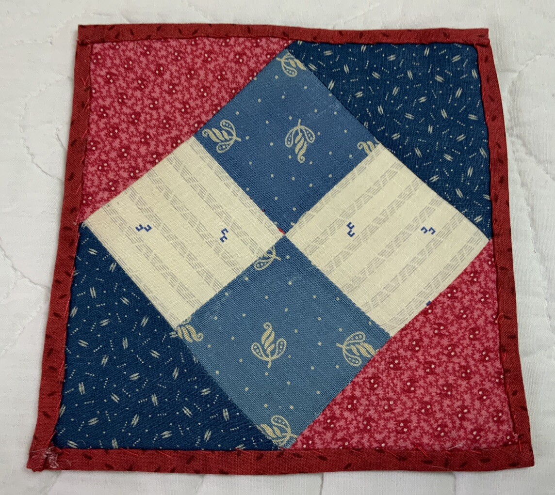 Vintage Antique Patchwork Quilt Table Topper, Small, Four Patch, Early Calicos