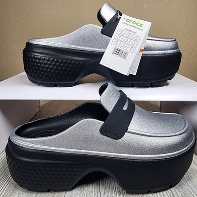 Crocs Stomp Metallic Platform Loafer Silver/Black Womens Size 9 New