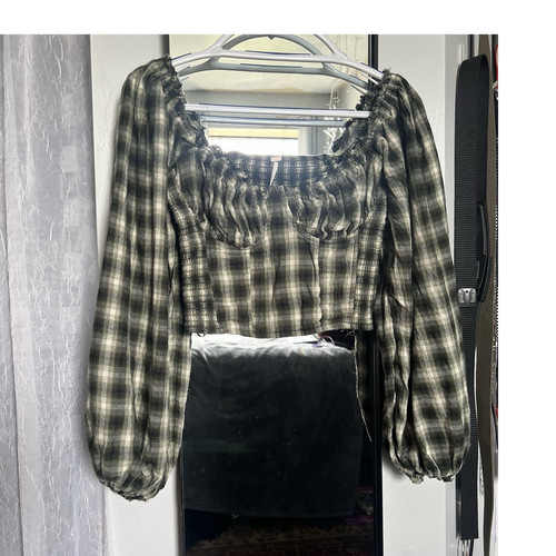 Free People Cherry Bomb Green Plaid Cropped Balloon Sleeve Blouse Size XS