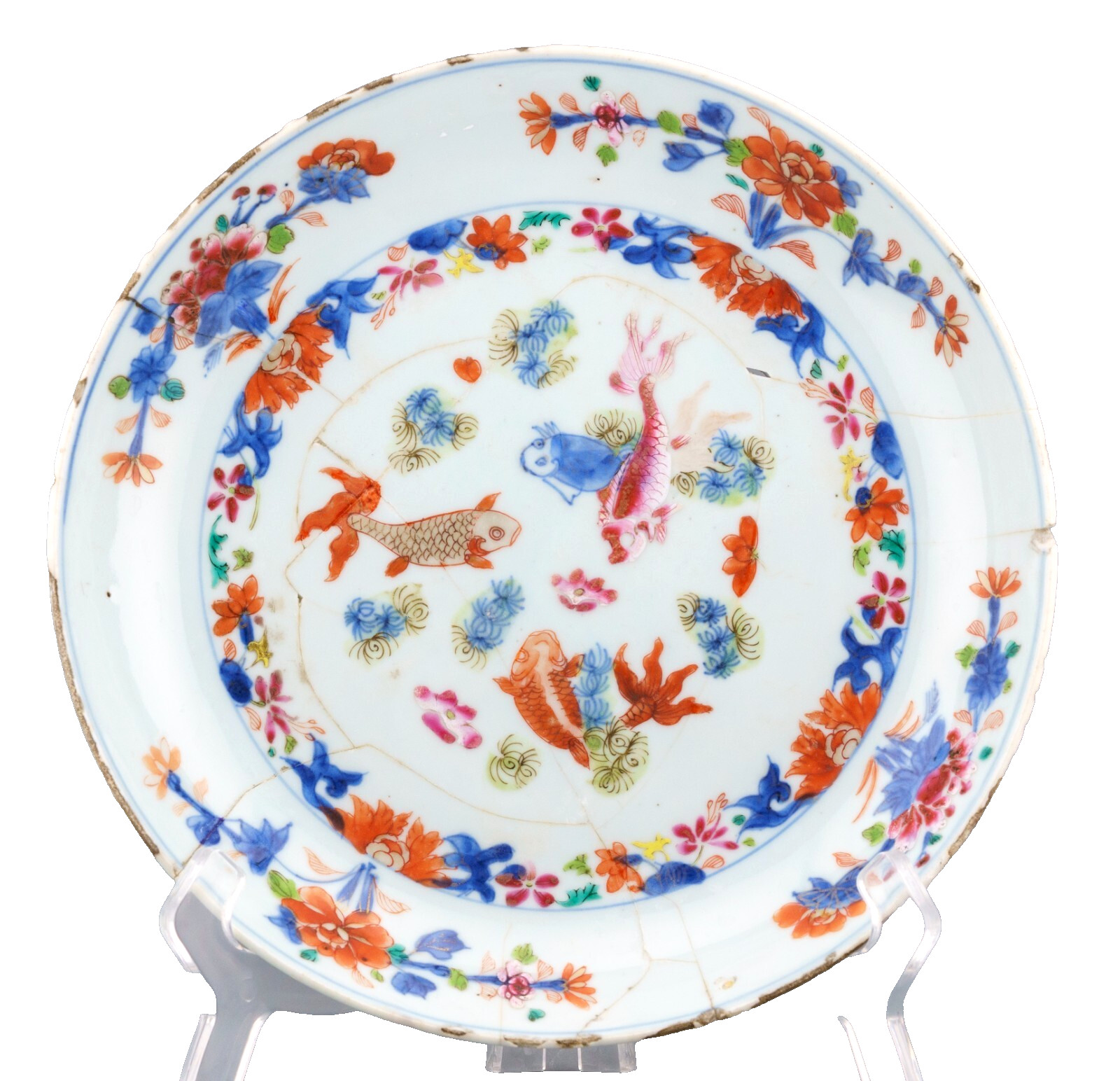 Chinese Qianlong Porcelain Plate Famille Rose Five Fish Rebus Qing 18th Century