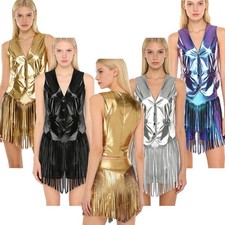 Womens Dancewear Rock Costume High Waist Outfits Vest Two Piece Button-down
