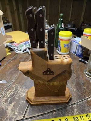 Vintage Texas Shaped Wooden Knife Block The Alamo Inlay Arthur L Faison Handmade