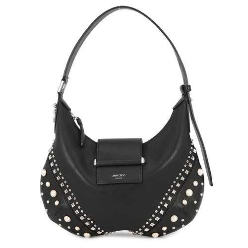 JIMMY CHOO Bar Hobo Bag Size Small Leather/Faux Pearl Black BARHOBOSQXB
