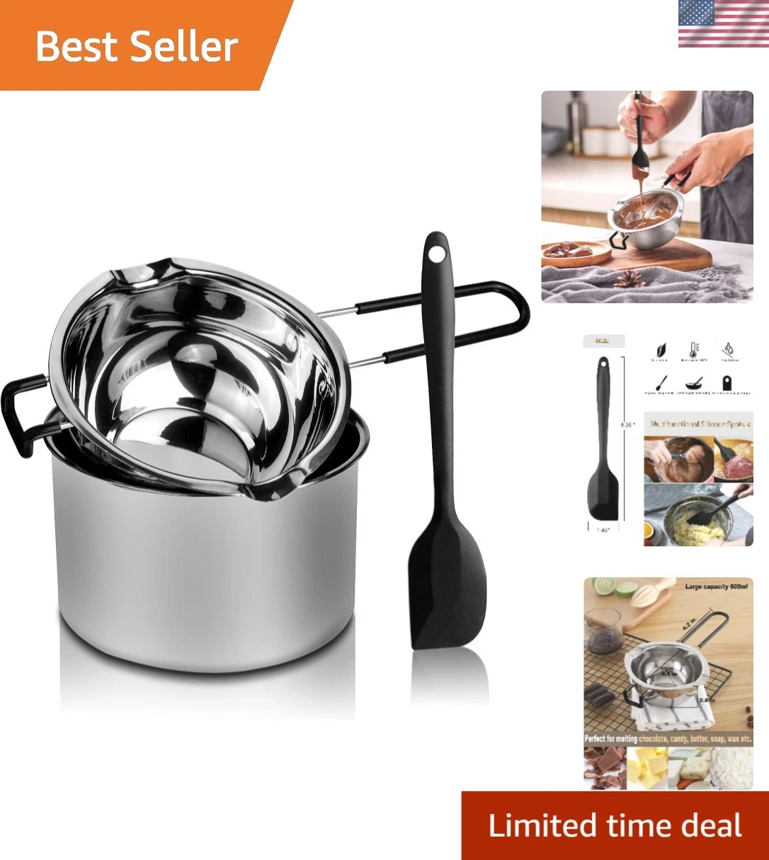 Double Boiler Pot Set, Stainless Steel Melting Pot with Silicone Spatula for ...
