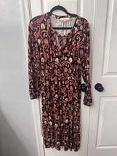 Loft Long Sleeve Blouson Dress Orange Pink Tie Neck Floral Print Sz M