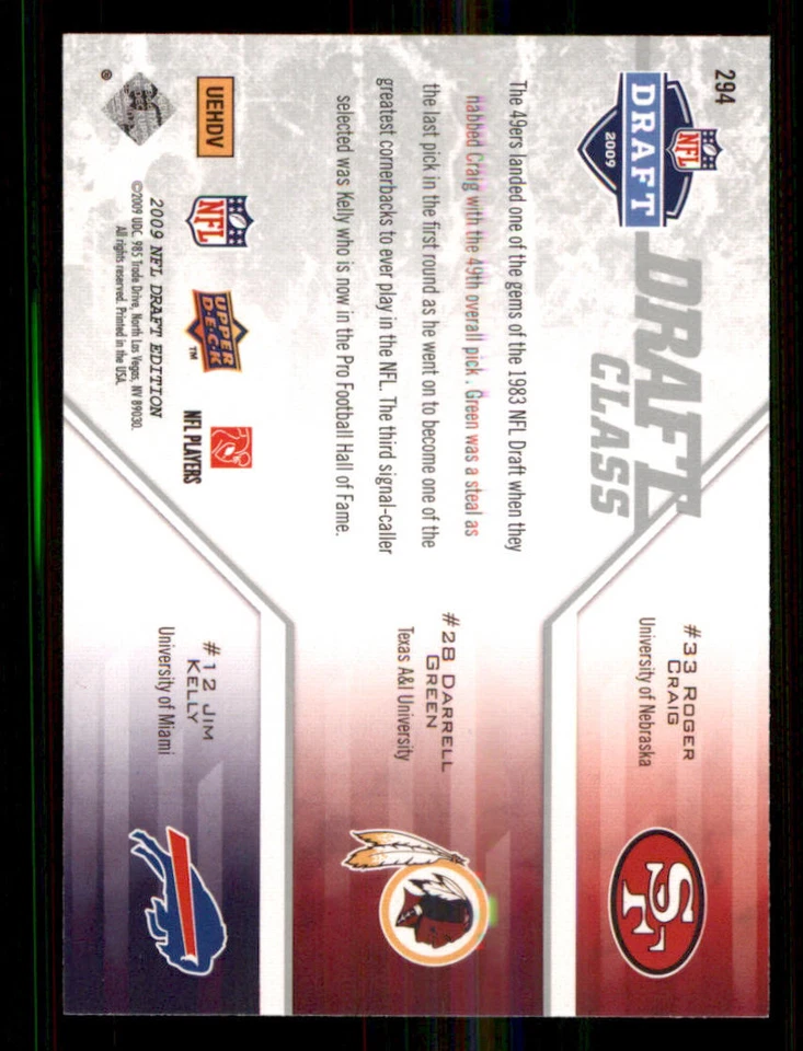 2009 Upper Deck Draft Edition #294 Jim Kelly/Roger Craig/Darrell Green - Image 2 of 2