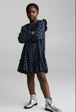 Mango Kids Girls Day Cottage Babydoll Dress Long Sleeve Size 11-12 Navy