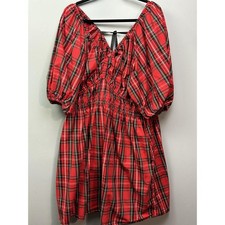 Old Navy Dress Womens XL Tall Red Tartan Plaid Waisted Tie Puff Sleeve Cotton
