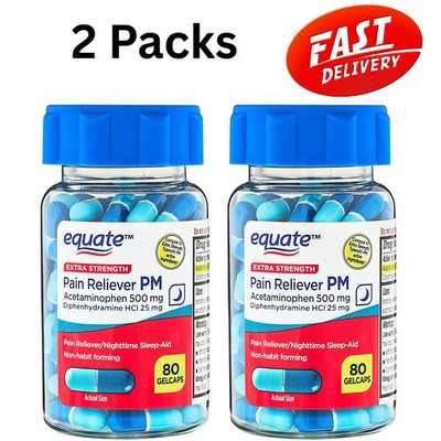 Equate Extra Strength PM Pain Reliever Sleep Aid Gelcaps 500mg 80Ct 2 Pack