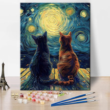 Cat Paint by Number, Two Cats Sit on the Pier Look Starry Sky Adults' Paint-By-N