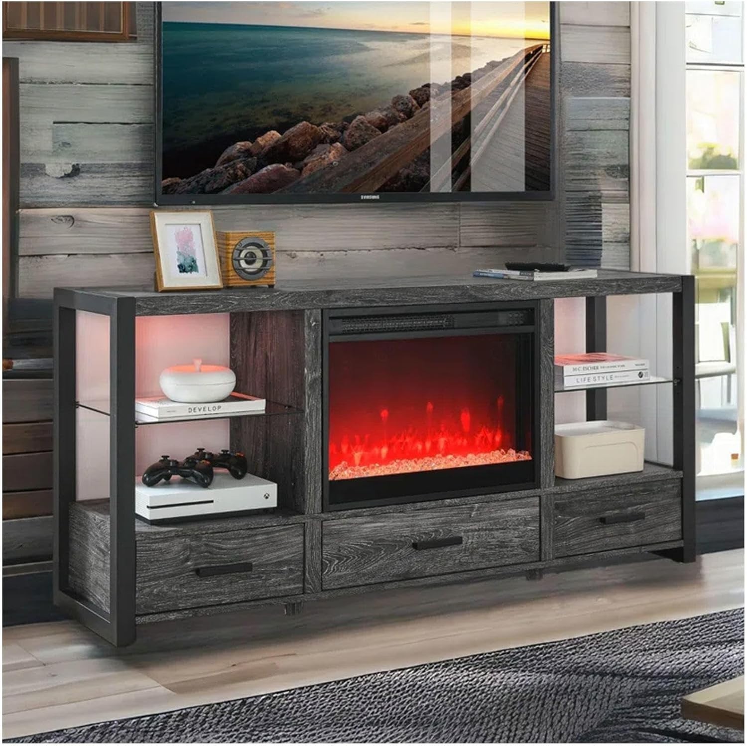 With Electric Fireplace 1400w Heater 5000 Btu Led Multi-color Flame