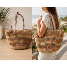 Boho Woven Straw Tote Bag Striped Summer Beach Shoulder Bag Tan Orange