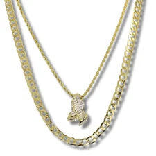 Praying Hands Set Cz Pendant 24" Rope & 30" Cuban Link 14k Gold Plated Chain