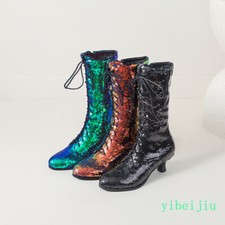 Womens Mid Kitten Heel Calf Sequins Lace Up Boots Glitter Shoes Performance 2026