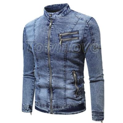 Mens Vintage Stonewashing Jean Jacket Stand Collar Full Zip Slim Fit Casual  Coat