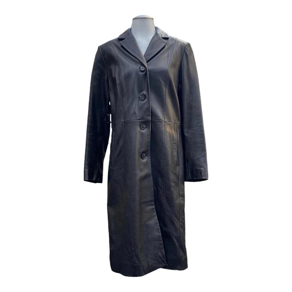 Vintage 90s Y2K KENNETH COLE Womens S Long Leather Trench Coat Button Classic - Image 2 of 4