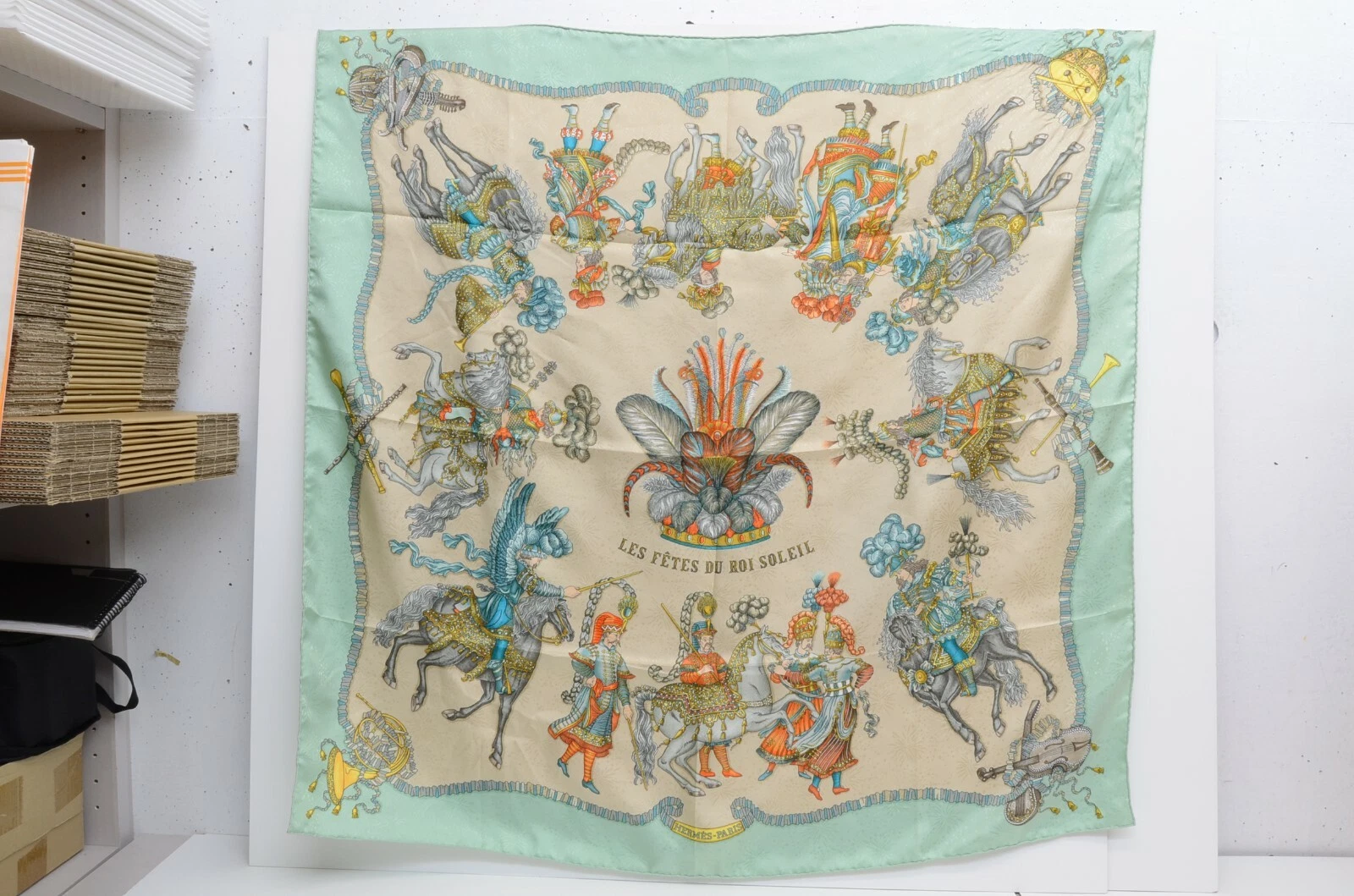 Authentic Hermes Silk Scarf Les Fetes du Roi Soleil Aquamarine Duchene Vintage