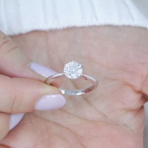 1Ct Round Moissanite Solitaire Knife Edge Engagement Ring 14k White Gold Plated - Picture 6 of 7