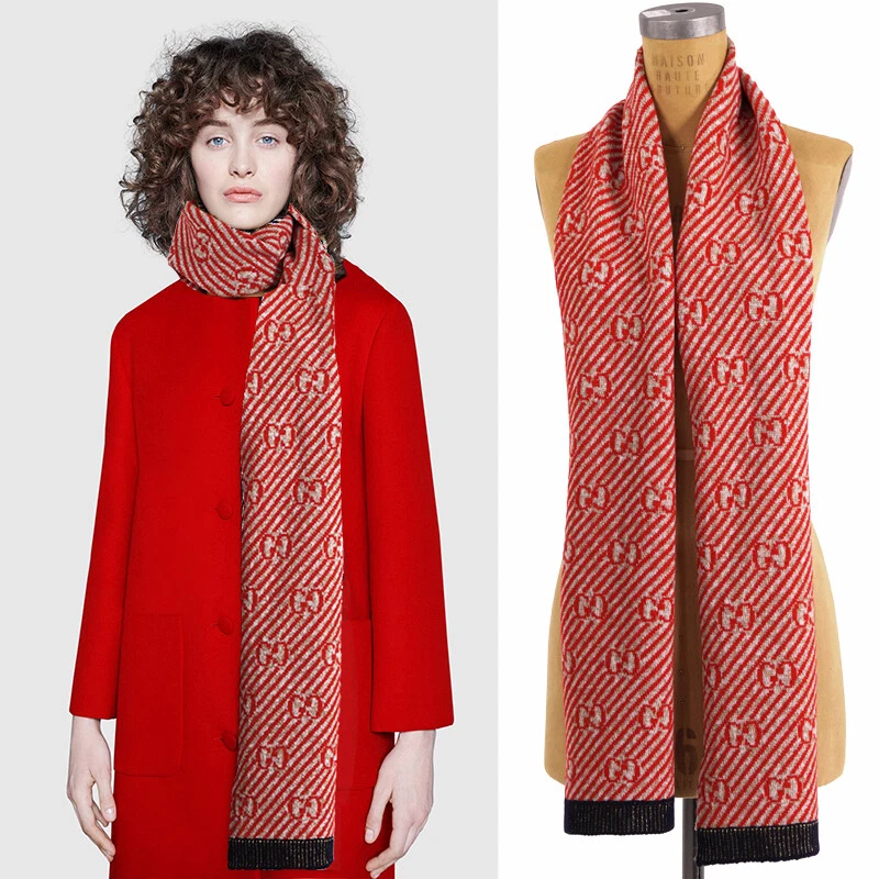 NEUF GUCCI rouge et or bande GG JACQUARD laine long automne hiver écharpe