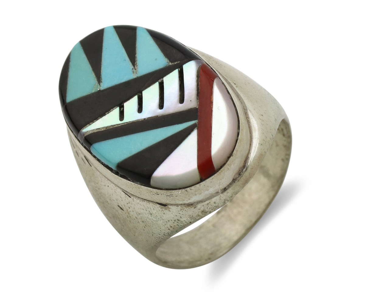 Zuni Inlaid Ring .925 Silver Gemstone Artist Native American