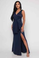 Navy Blue Wrap Ball Gown Maxi Dress Size Medium Lace Floral Applique 