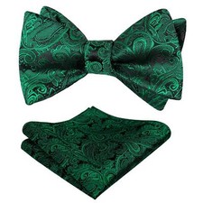 Mens Paisley Jacquard Self-Tie Bow Tie Pocket Square Set Dark Green
