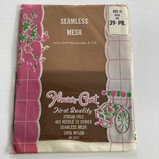 Vintage 1950s Flower-Cart Beige Seamless Sheer Nylon Stockings Garter Hose Sz 11